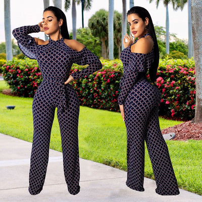 AHVIT Plus Size Plaid Print Sexy Jumpsuits Off The Shoulder Ruffles Full Sleeve Sashes Wide Leg Pants Party Romper SMR9066