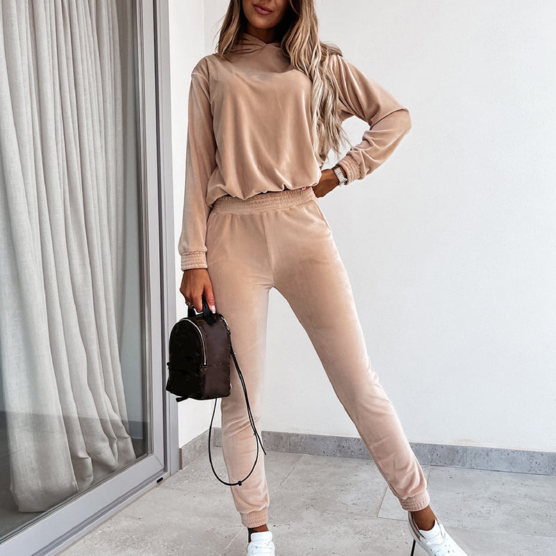Women Hooded Tops Long Pants Two Piece Set Casual Solid Streetwear Pants Matching Suit Female Elastic Waist Trousers Autumn Sets