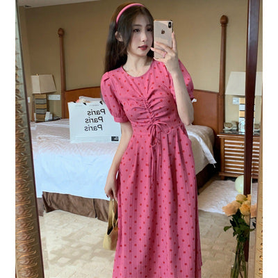 2022 Summer New Korean Version Sweet Age-reducing Comfortable Polka-dot Irregular Drawstring Dress Women