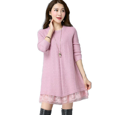 Pullover Knit Sweater Women Autumn Winter Women's Mid-Length Fashion Elasticity Sweater 2021 Female Loose Lace Stitching Sweater