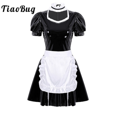 TiaoBug Adults French Maid Cosplay Halloween Women Sexy Costumes Puff Sleeve Black Patent Leather Dress with Apron Choker Set