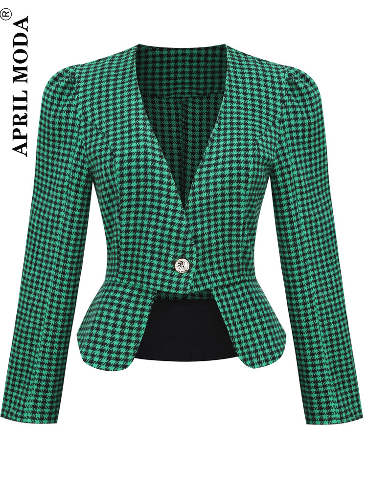 2022 New Houndstooth Blazer for Women Tweed Coat Vintage Long Sleeve Green 1950s Style Retro Female Outerwear Chic Veste Femme