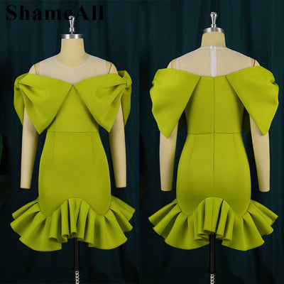 Plus Size Bow Tie Cold Soulder Bodycon Party Dress 4XL Sexy Sheer Mesh Patwhork Ruffle Wave Hem Nigth Evening Club Outfits Gowns