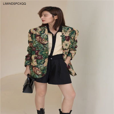 2021 Autumn Winter Korean Suits Blazers Fashion Floral Print Vintage Blazer Loose Casual Coat Long Pocket Outwear Female Jacket