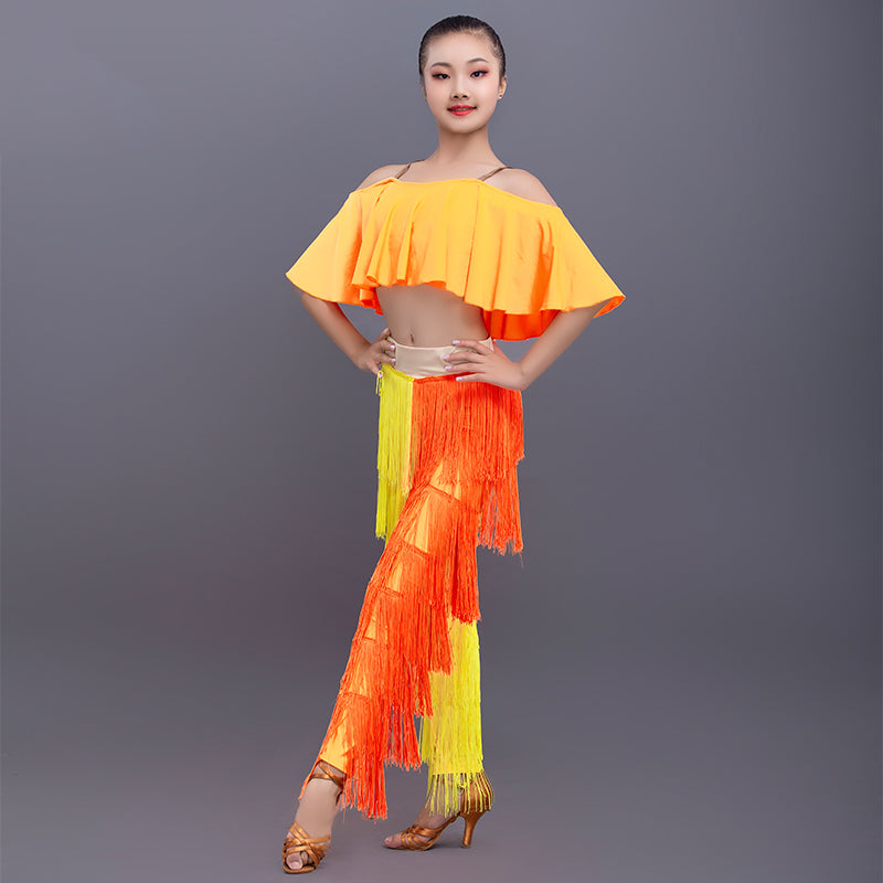 New Latin Dance Clothing Set Girls Yellow Cropped Tops Fringed Trousers Suit Children Performance Dress Competition Costume 3482