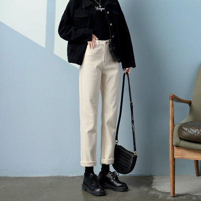 Straight chimney 2022 spring and summer living female high-waisted slim mid-tube pants nine points apricot black jeans