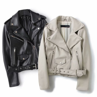 Leather Jacket Women Turn-down Collar Rivet Zipper Black Biker Coats Tops Clothes