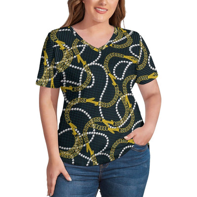 Gold Chains Print T-Shirts Tropic Parrots V Neck Korean Fashion T-Shirt Short Sleeve Women Pretty Tshirt Tees Plus Size 2XL 3XL