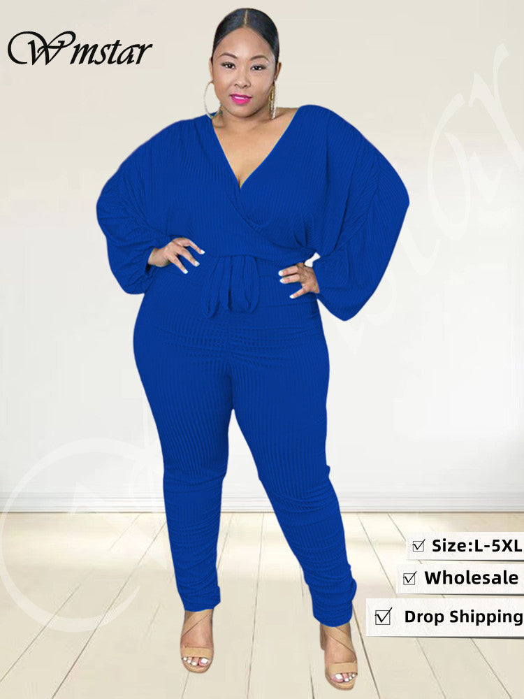 Wmstar Plus Size Women Clothes Jumpsuit Fall Clothes Solid Solid Sexy V Neck Office Lady Romper Leggings Wholesale Dropshipping