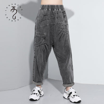 Vefadisa Women Elastic Waist Folds Denim Trousers Loose Old Wash Water High Waist Wide Leg Pants 2022 Spring Autumn LHX1262