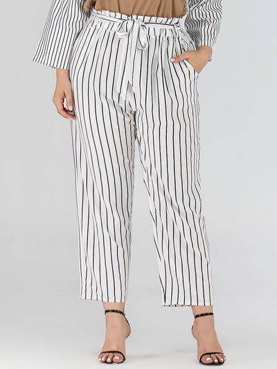 Plus Size Trousers Striped Belted Pants Elegant Office Ladies Pocket High Waist Casual Pants