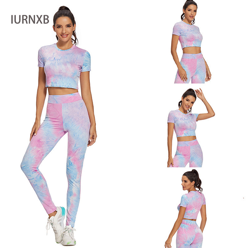 2 Piece Outfits for Women Fitness Seamless Short Sleeve Tops and High Waist Pants Leggings Yoga Tracksuit Workout Set