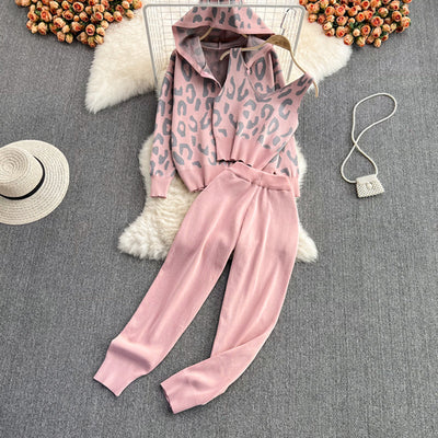 Nomikuma Conjuntos Feminino Elegante Leopard Print High Waist Wide Leg Knitted Ensemble Femme Retro Casual Sets Womens Outfits
