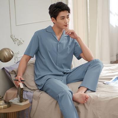 Men Cardigan Pajamas Set Summer Full Pure Cotton Male Pyjamas Loose Men Home Set Sleepwear Short-sleeve Tops + Long Pants 2pcs