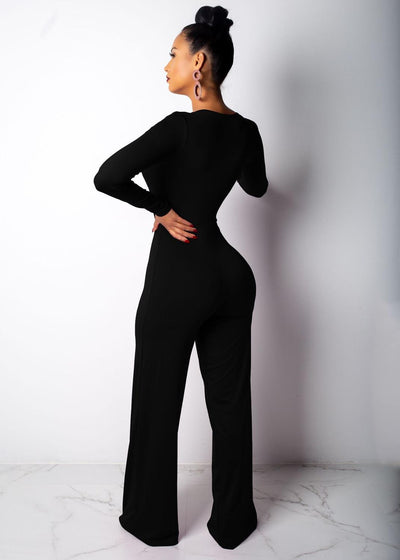 AHVIT Autumn Winter Solid Color Skinny Sexy Party Romper Deep V Neck Full Sleeve Wide Leg Jumpsuit Fashion Women Catsuit SMR9087
