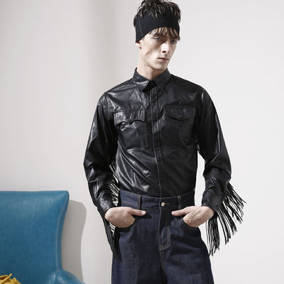 2016 New men's clothing Fashiontooling patch pocket hippie black tassel leather shirt leather slim shirt stage singer costumes