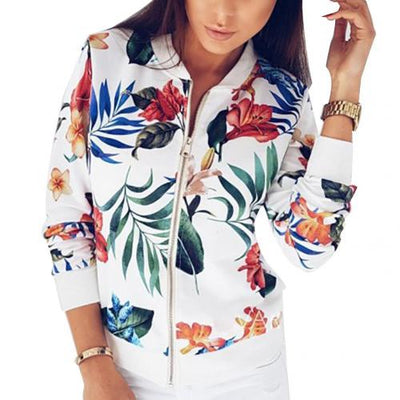 Plus Size Flower Leaves Print Sports Women Long Sleeve Baseball Jacket Zip Coat Cardigan