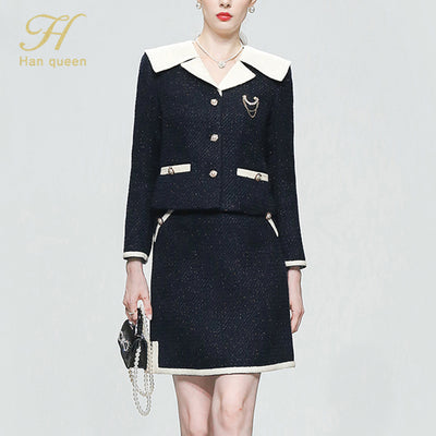 H Han Queen Women 2022 Autumn Winter Casual Duffel 2 Pieces Set Contrast Tops + High Waist Pencil Skirt Korean Simple Skirt Suit
