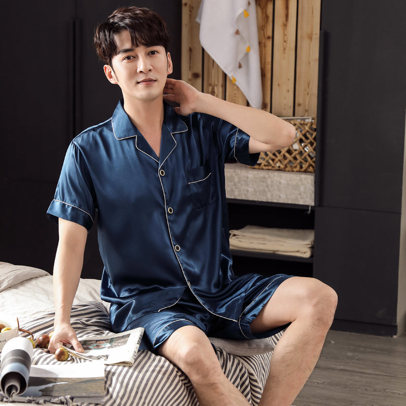 New Summer Satin Men Pajamas Set Silk Man Sleepwear Short Sleeve Cardigan Casual Soft Male Nightwear Men&#39;s Clothing