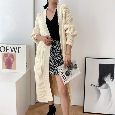 WSYORE Autumn and Winter New Wild Casual Thick Long Sweater Coat Loose Knitted Cardigan Pokcet Jacket Female NS2731