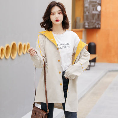Windbreaker mid-length women's spring autumn new Fashion contrast tide letter printing loose casual hooded trench coat D339