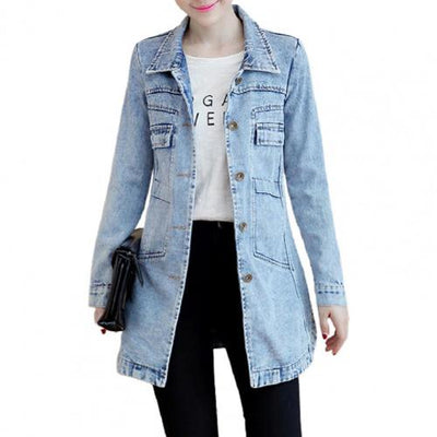 Classic Denim Jacket Women Slim Coat Single Breasted Long Denim Coat Women Mid-Length Jacket Streetwear джинсовая куртка жеская