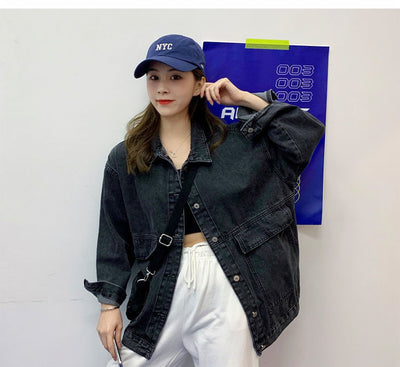 Women's Denim Jacket 2021 Korean Style Solid Lapel Long Sleeve Casual Blue Jacket Outwear Autumn Winter Loose Jeans Coats Female