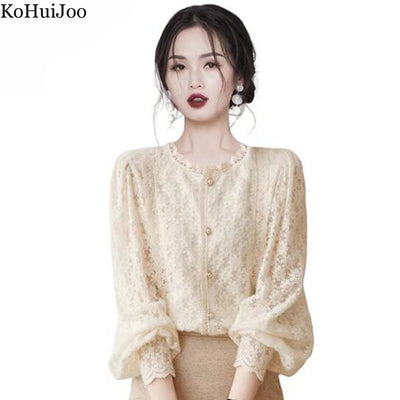 KoHuiJoo Lace Tops Women Long Sleeve O-Neck Lantern Sleeve Blouse Woman Fashion Elegant Hollow Design White Shirts Blusas Mujer
