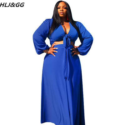 HLJ&GG Casual Solid Color Plus Size Skirt Two Piece Sets Women Deep V Bandage Long Sleeve Crop Top + A-line Skirts Outfits 5XL