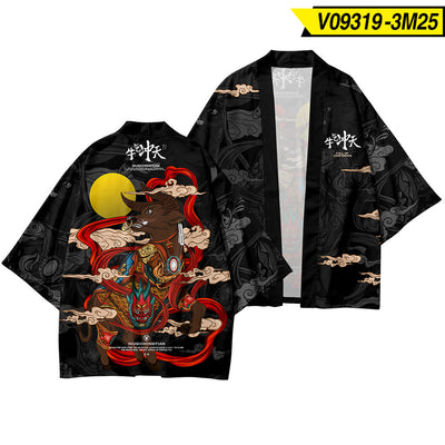 2022 Summer New Harajuku Anime Cow Print Kimono Streetwear For Men Fashion Clothing Japanese Cardigan Shirt Pants Two Piece Set