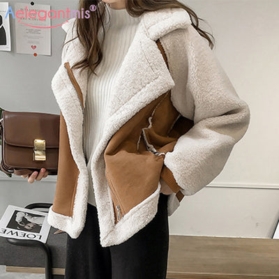 New Women Winter Faux Fur Suede Jackets Coat Thicken Warm Lambs Wool Teddy Coats Ladies Loose Oversized Outwear Tops 2022