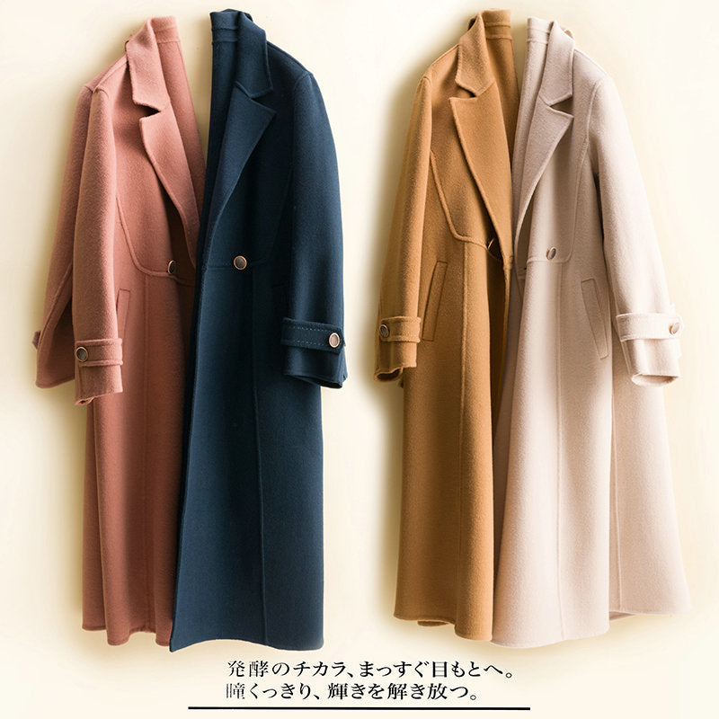 Double-sided woolen cashmere coat women&#39;s mid-length loose over-the-knee high-end woolen woolen coat tie