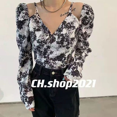 Floral Chains Women Blouses Autumn Long Sleeve Slash Neck Sexy Short Blusa Feminina Korean Ins Retro Ropa Mujer Tops