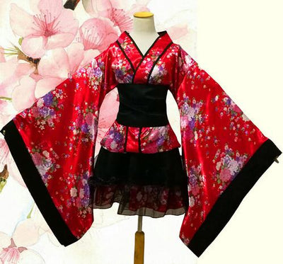 2017 Japanese Kimono Women Traditional Floral Mini Dress Bathrobe Ancient Clothes Party Lolita Maid Cosplay Costume