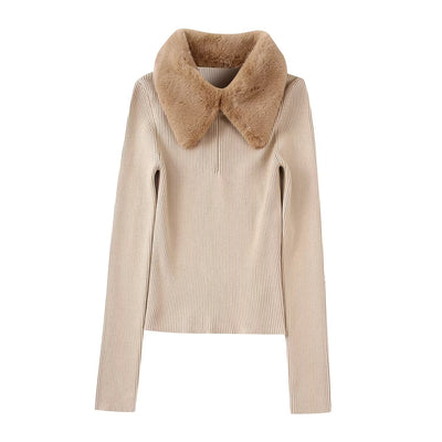 Fashion Faux Fur Collar Zipper Women Sweater Long Sleeve Slim Knitted Pullover Solid Color Chic Tops Winter Warm Clothes