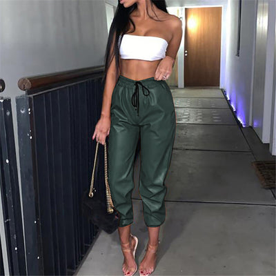Fashion Women Faux Leather High Waist Elastic Trousers Casual Streetwear Pants