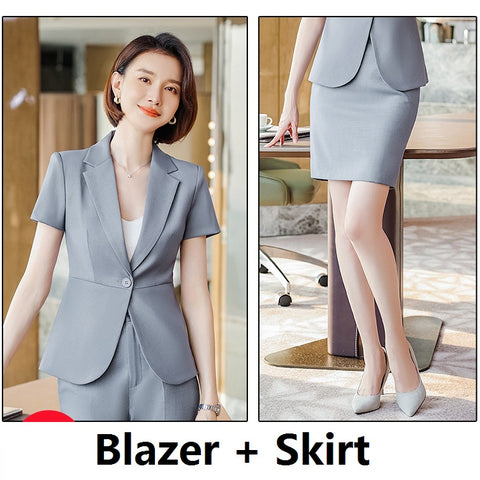 New 2022 Summer Formal Women Business Suits Skirt and Jacket Sets Short Sleeve Office Ladies Work Uniform Grey Beauty Salon