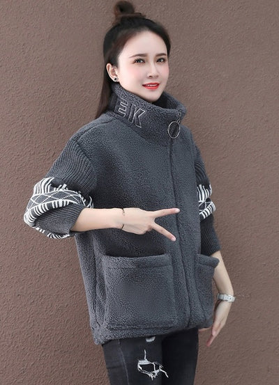 Add Velvet Thicken Female Hoodie Jacket Autumn Winter 2022 New Loose Fashion Splicing Pocket Imitate Lambswool Women's Coat