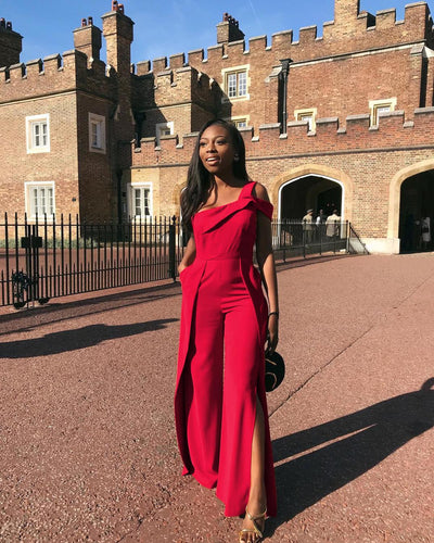 AHVIT One Shoulder Sleeveless Streetwear Fashion Jumpsuits High Side Split Sexy Wide Leg Pant Red Color High Waist Romper LM9035