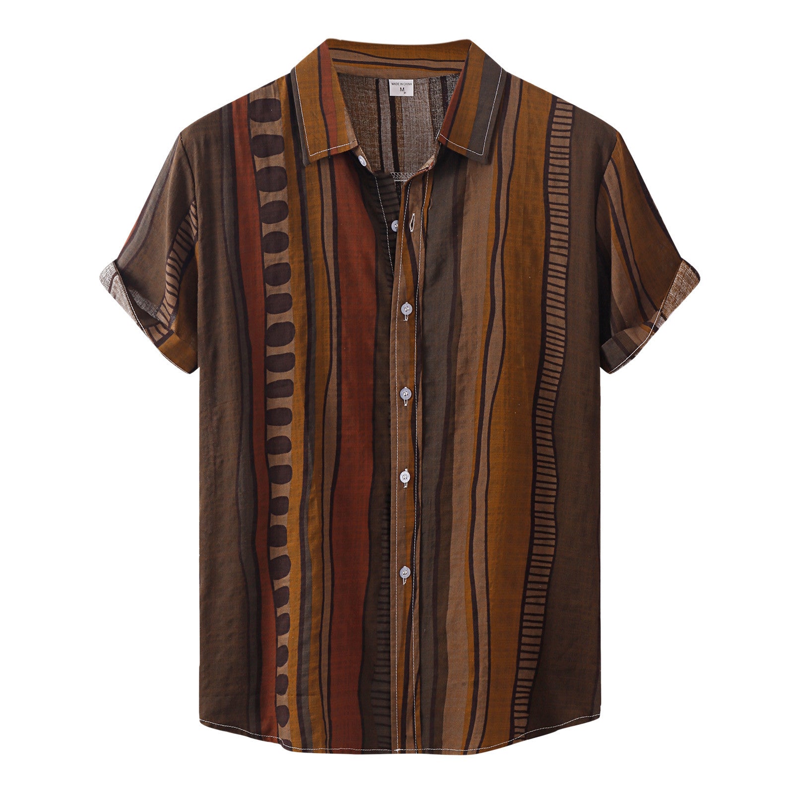 Collar Sleeve Shirt Turn-Down Stripe Breasted Men&#39;s Short Shirt Single Print Casual Men Shirts