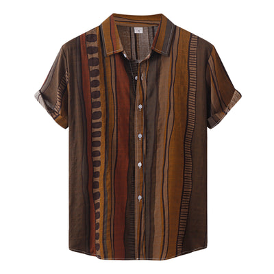Collar Sleeve Shirt Turn-Down Stripe Breasted Men&#39;s Short Shirt Single Print Casual Men Shirts