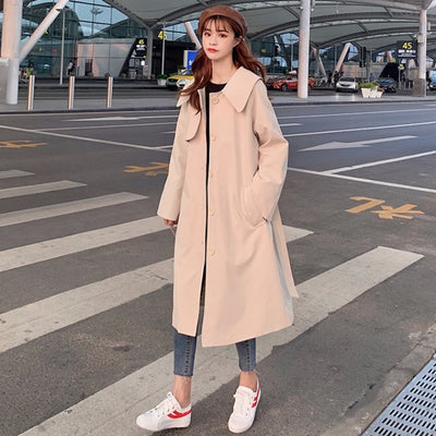 2021 new windbreaker ladies spring autumn doll collar fashion waist single breasted yellow coat over knee long trench coat D7