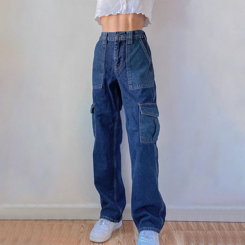 Women Straight Cargo Jeans Pants Multi-pocket High Waist Thick Flare Denim Trousers Co-ord Capris Winter Fall Baggy Jeans Women