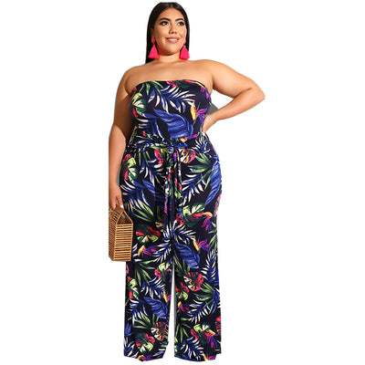 Plus Size Women 5xl Jumpsuits Floral Leaf Print One Piece Outfit 2022 Summer Casual Sleeveless Jumpsuit Wholesale Wide Leg Pants