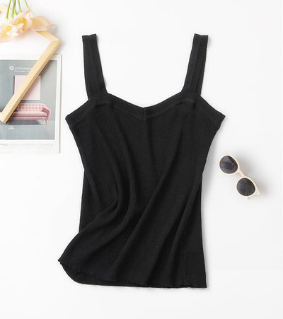 Women Knitted Camisole V Neck 92% Silk Female Spaghegtti Summer Sleepwears Basic Thin Tank Tops Soft Breathable