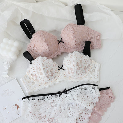 Lingerie Girl Fairy Bowknot Chiffon Thin Style Cute No Steel Ring Triangle Cup Bra Set Women Large Size Bralette Panty 2pcs