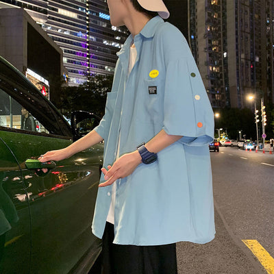 Couple Outfits Summer Thin Breasted Short Sleeved Korean Shirt Men&#39;s Casual Loose And Versatile Fashion 5-sleeve Black White