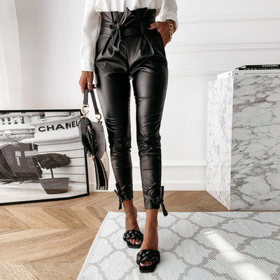2021 Fashion Women Ladies High Waist PU Leather Pencil Pants Female Zip Up And Waistband Ankle Length Slim Fit Leggings Black