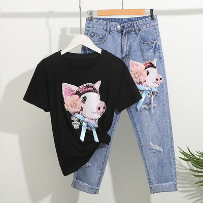 Women Casual Sequins Cartoon Pig Print T Shirts Pants Suits Cartoon Printed Woman Loose Tshirt Calf-Length Denim Trousers Sets