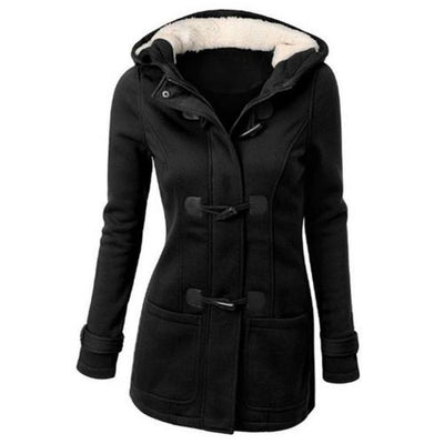 Women Solid Color Horn Buckle Hooded Coat Long Sleeve Plus Size Winter All-match Windproof Outerwear For Daily Wear